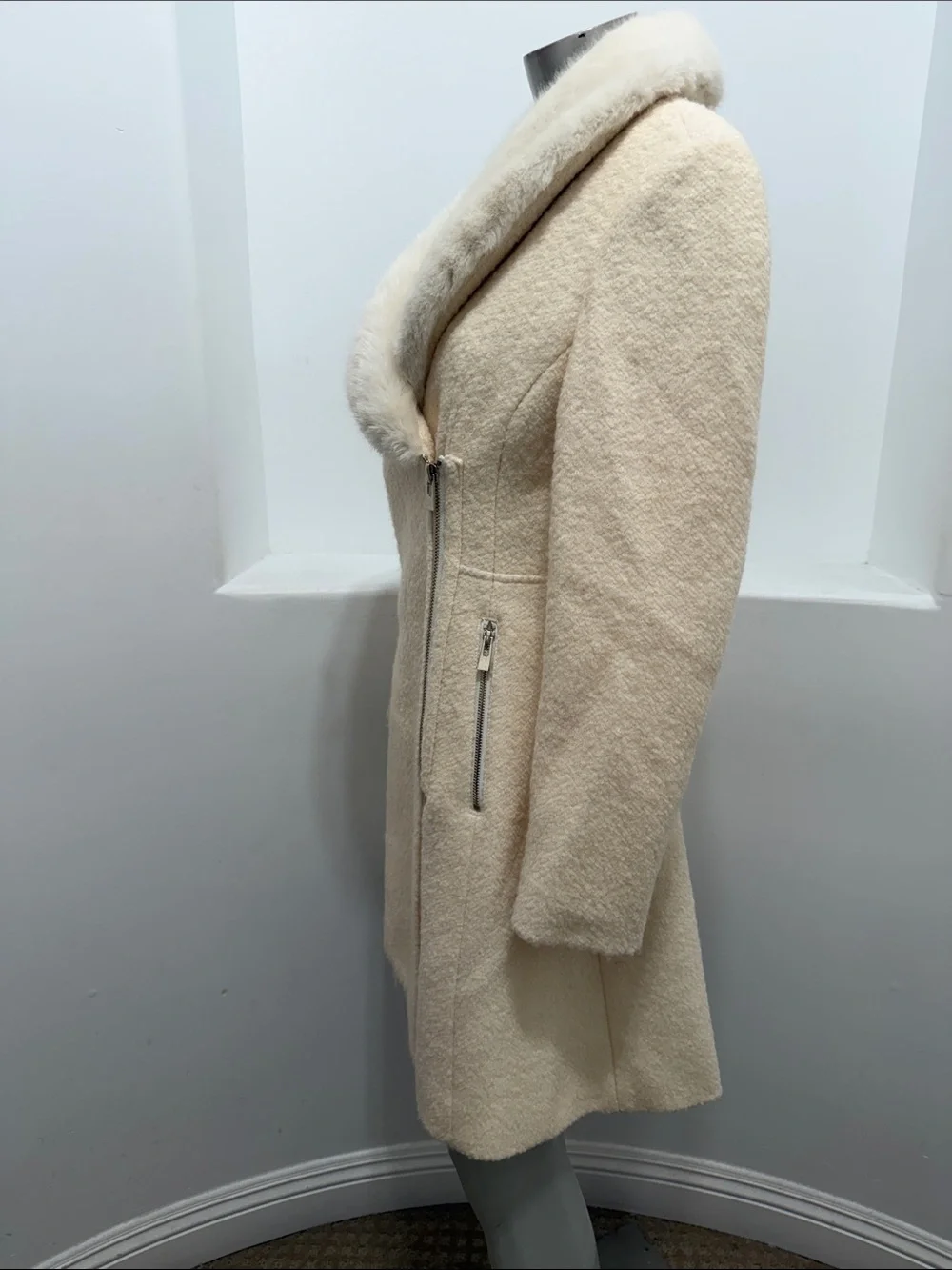 INC International Concepts S Ivory Wool Blend Faux Fur Collar Zip Coat